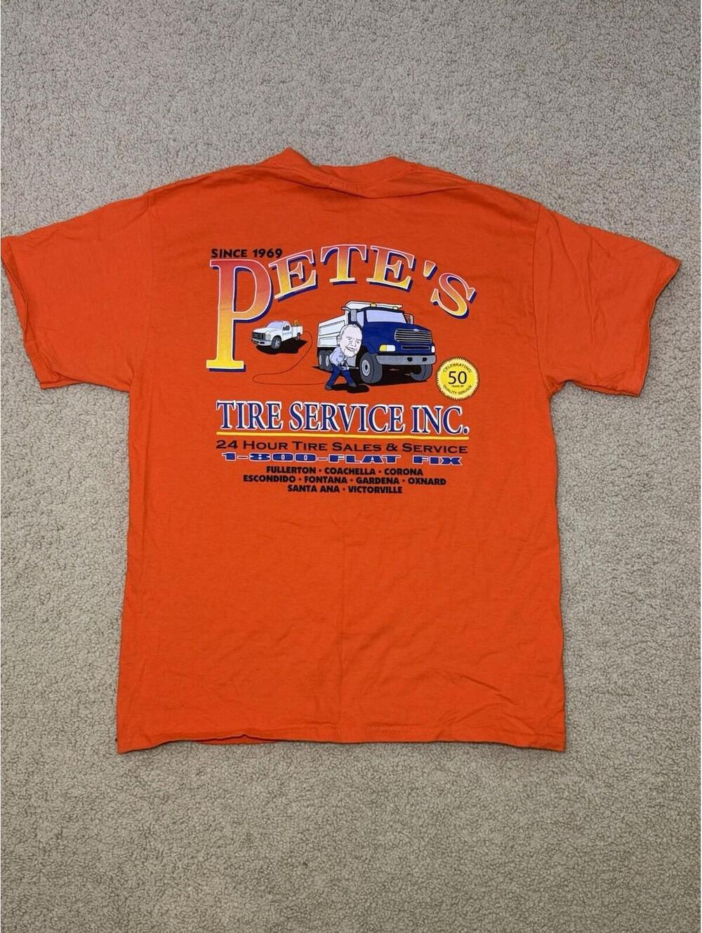 Pete’s Tire Service T-Shirt XL Orange Workwear Shop Tee 50th Anniversary